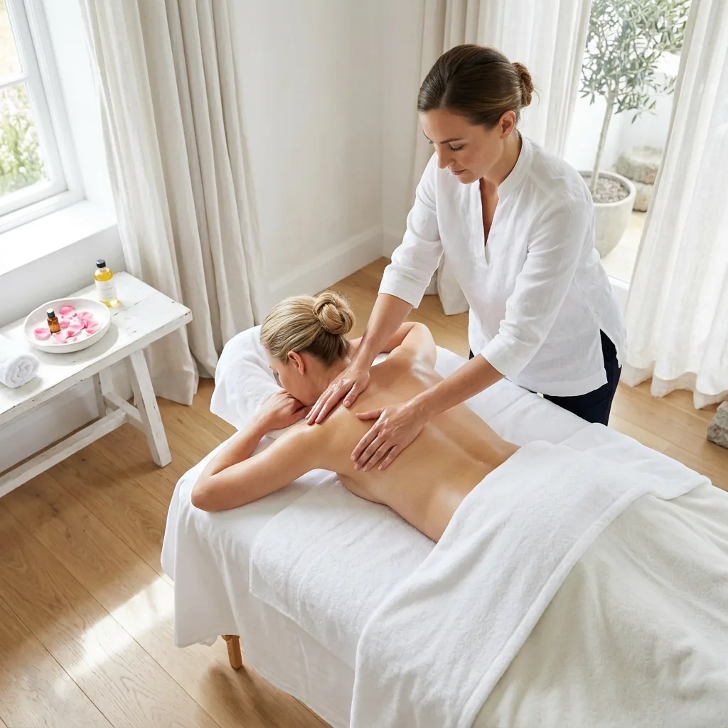 client lying still under a sheet as a therapist works slowly across the back