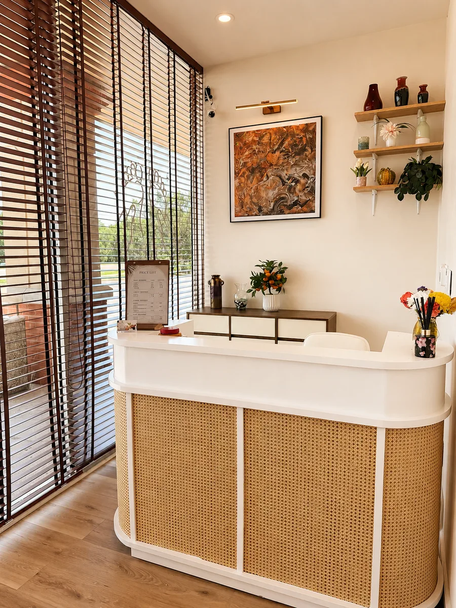 The front desk at Diamond Massage, a rattan-fronted counter with a printed price board standing on it