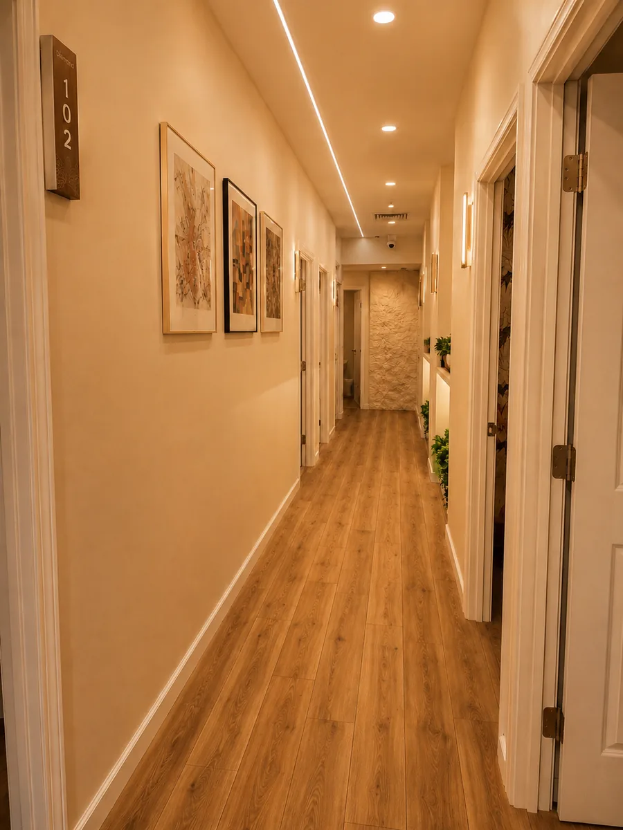 corridor of treatment rooms at Diamond Massage, room 102 signed on the wall beside framed prints